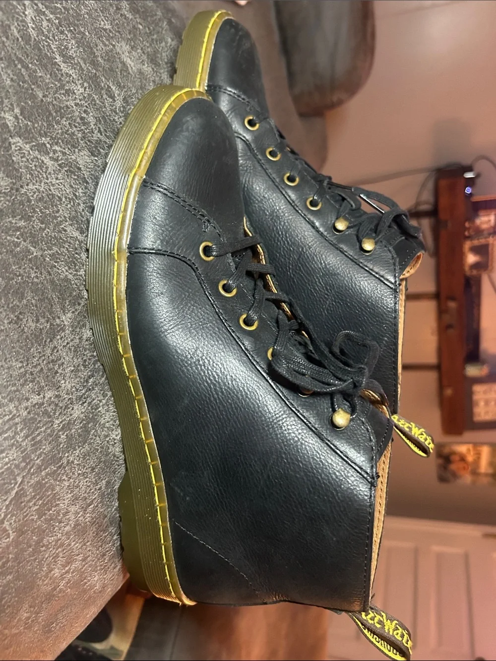 Dr. Martens Black Leather Lace-Up Boots with Gold Trim, Sz Men’s 9